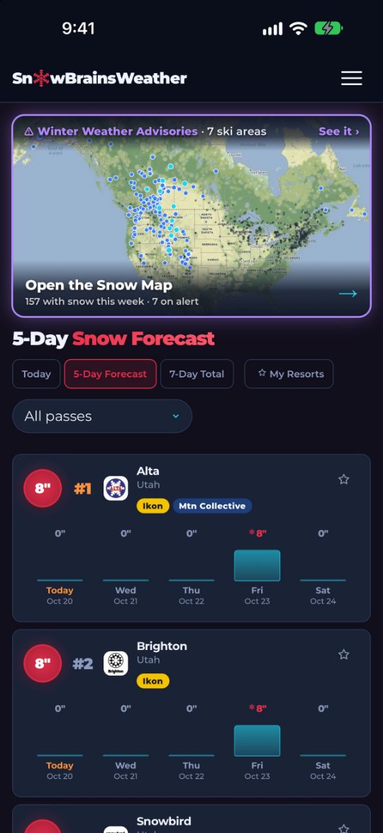 SnowBrains Weather app: Every resort ranked by the snow coming