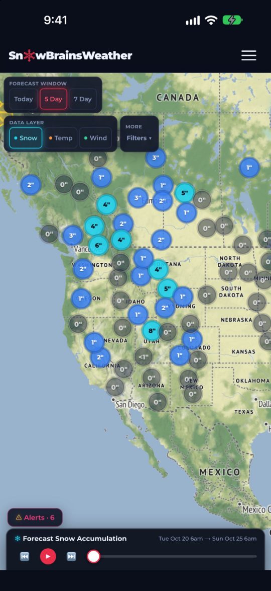 SnowBrains Weather app: The snow map, with webcams and stations